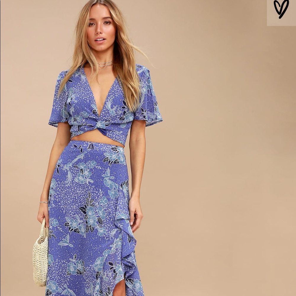 Lulus PERIWINKLE BLUE FLORAL TWO-PIECE MAXI DRESS